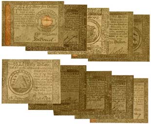 Revolutionary War Paper Money Set ,
reproduction of 10 bills from 1775 to 1779